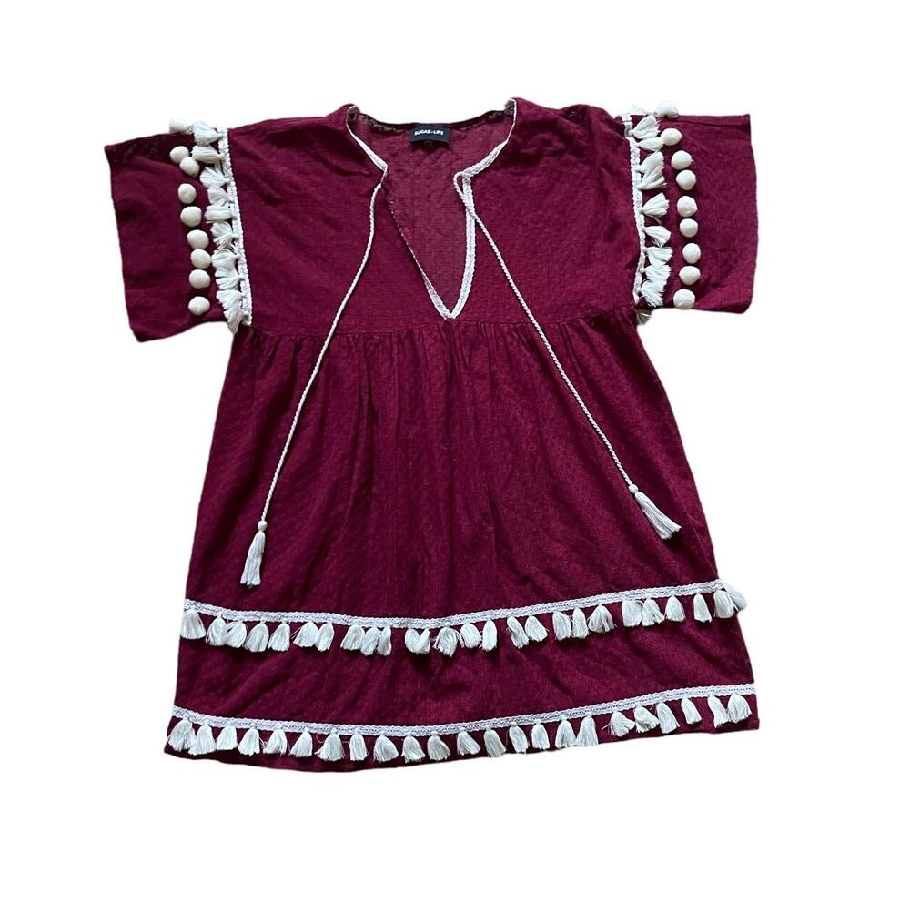 Sugar+Lips Womens Maroon Knit Sheer Dress White Tassel Pom Trim Small Kawaii